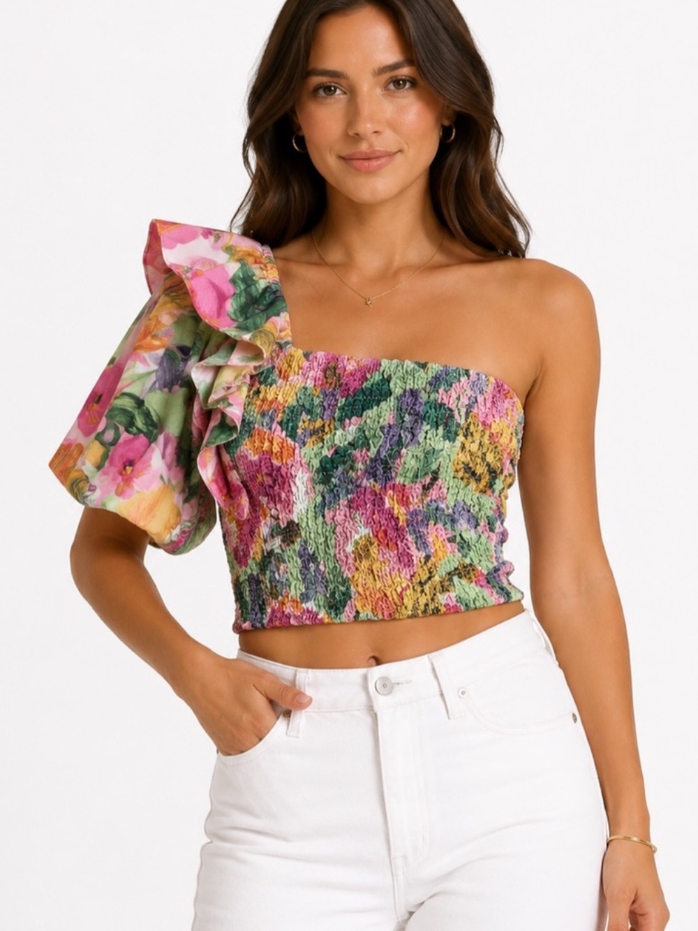 Zara Floral Smocked One-Shoulder Crop Top in Multicolor